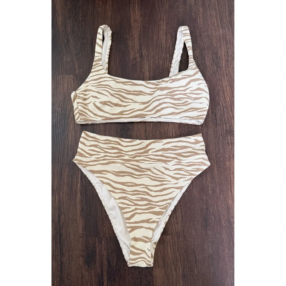 Aerie Womens Pique Animal Print Bikini Set High Waisted Scoop Neck Cheeky SZ M/L